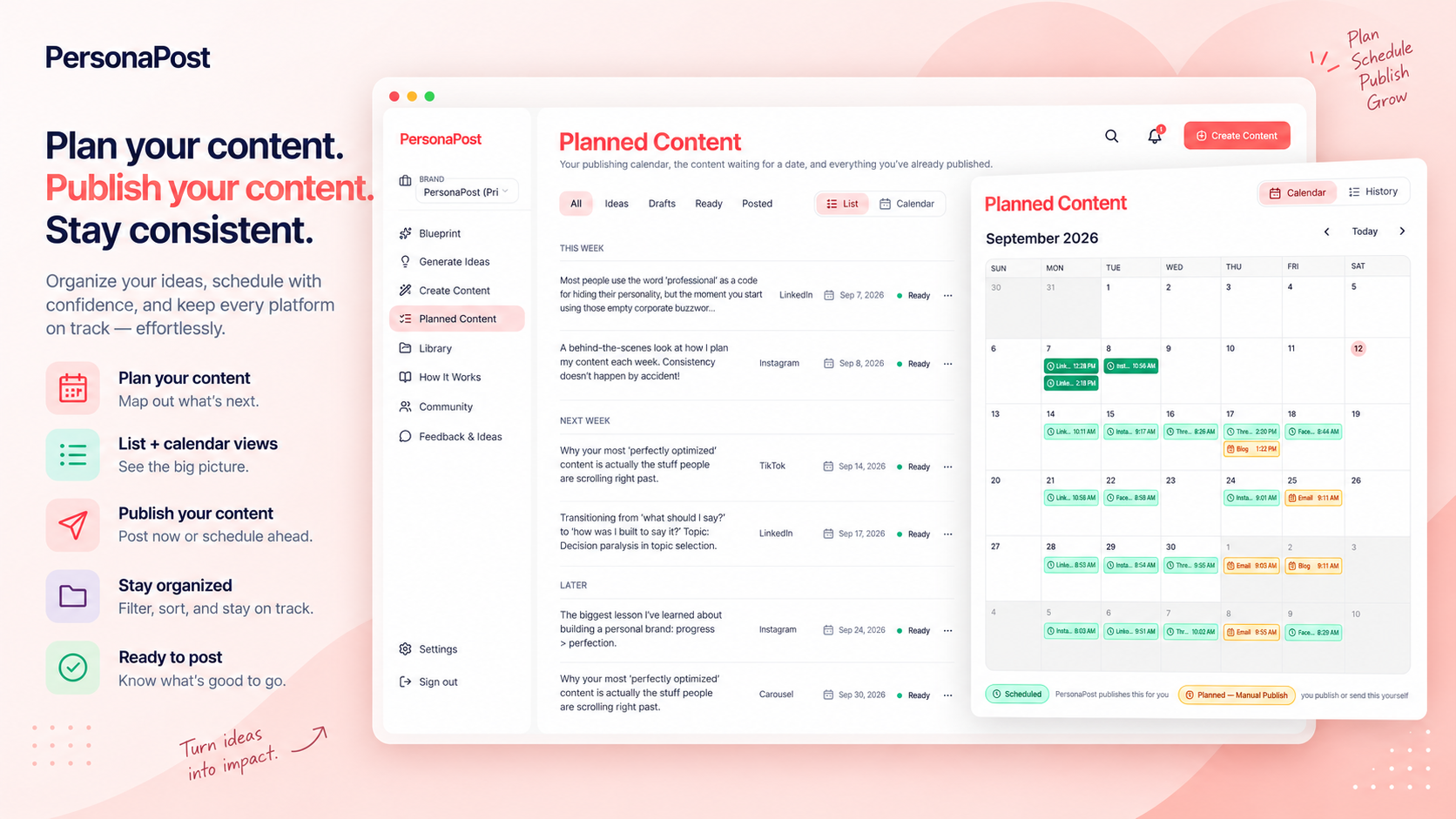 PersonaPost planned content list and calendar views