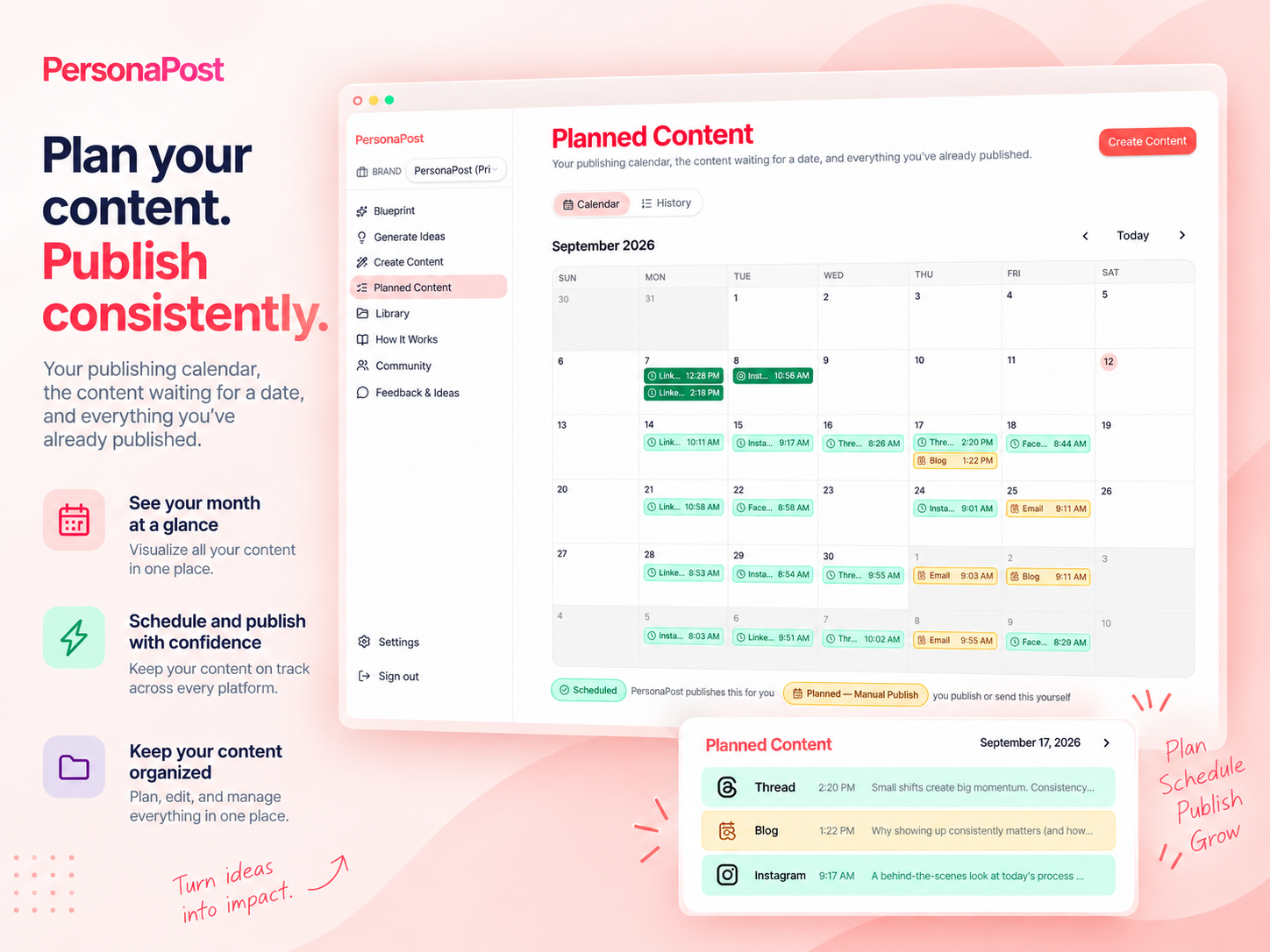 Planned Content calendar with scheduled posts across platforms