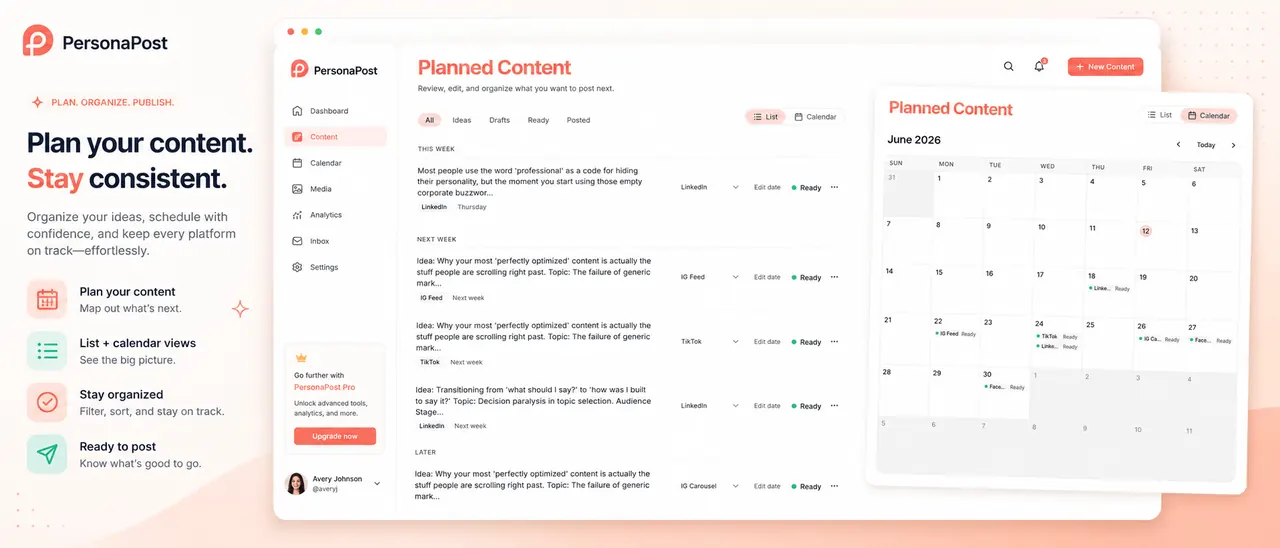 PersonaPost planned content list and calendar views