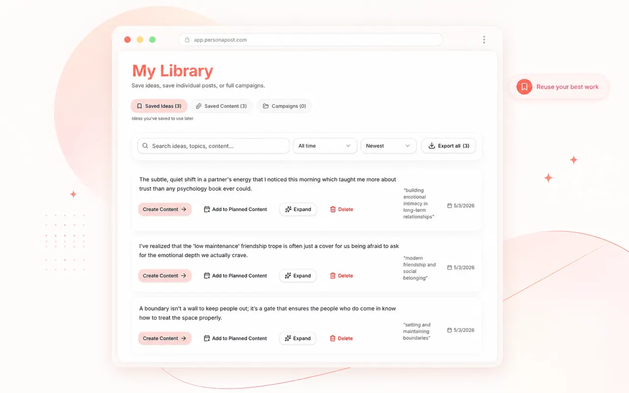 Content library / saved posts screen